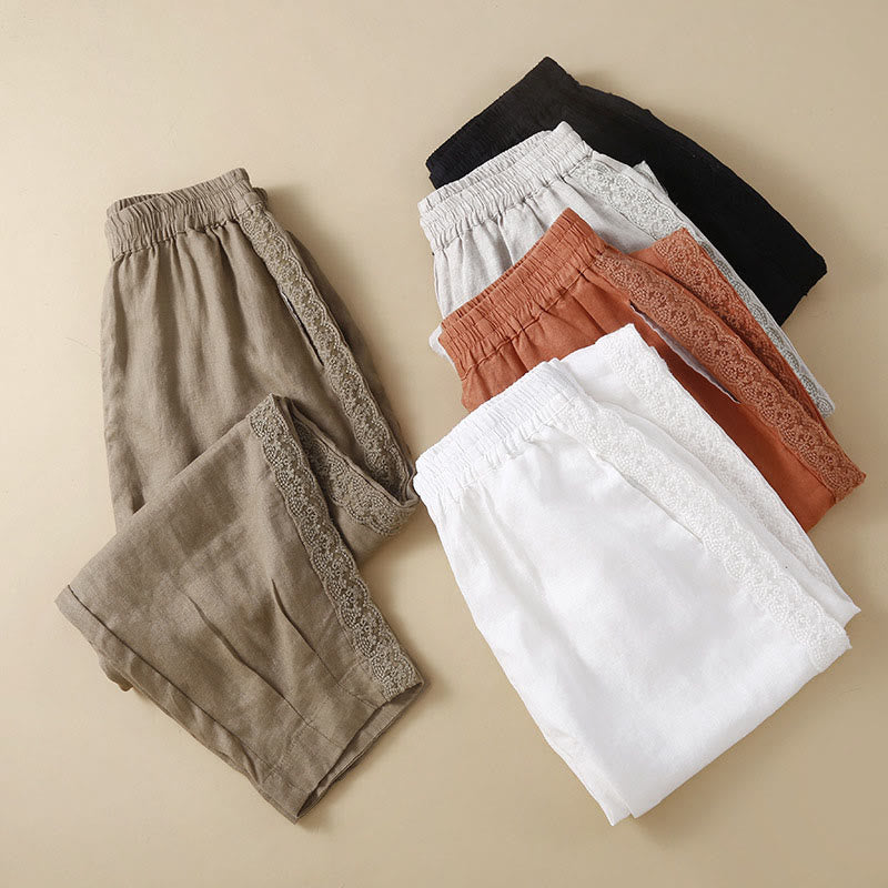 Pantaloni da donna in lino con tasche e ricamo floreale tinta unita Buddha Stones
