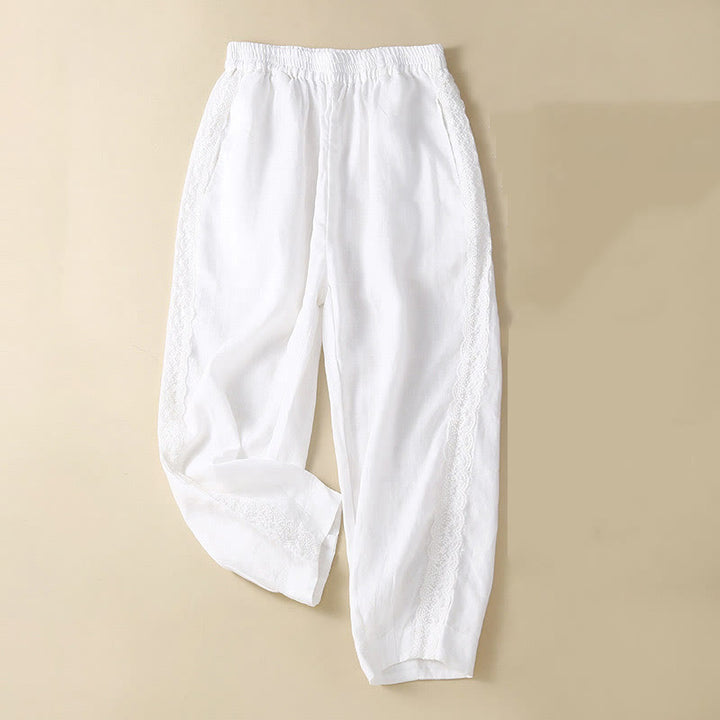Pantaloni da donna in lino con tasche e ricamo floreale tinta unita Buddha Stones