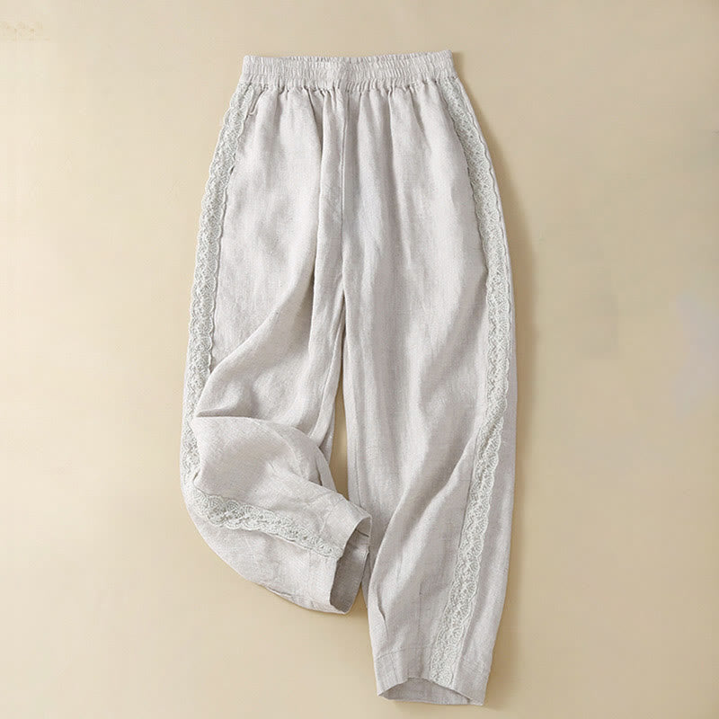 Pantaloni da donna in lino con tasche e ricamo floreale tinta unita Buddha Stones