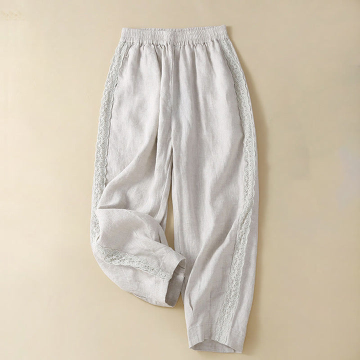 Pantaloni da donna in lino con tasche e ricamo floreale tinta unita Buddha Stones