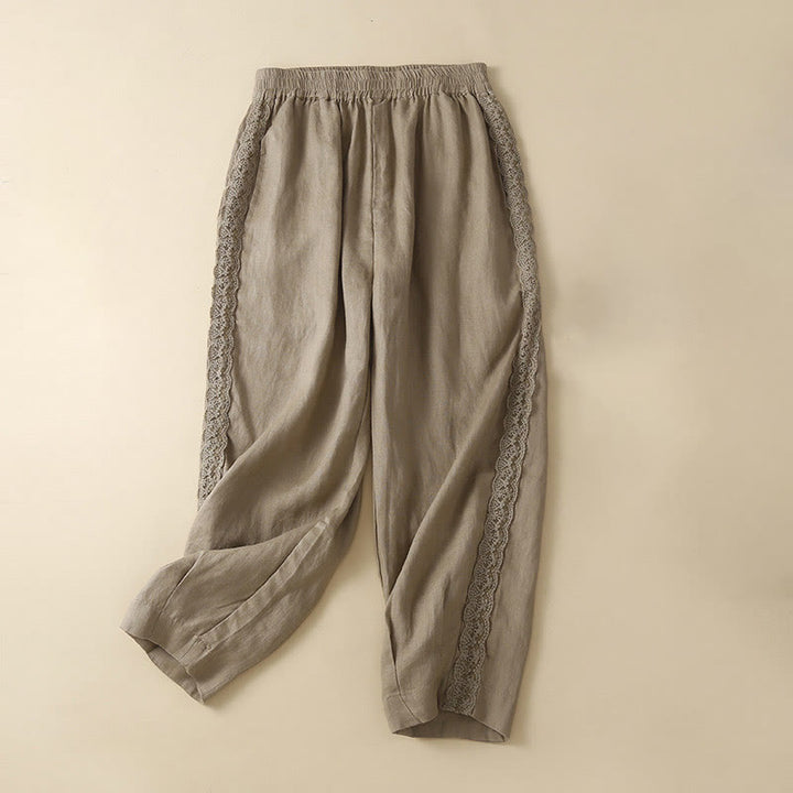 Pantaloni da donna in lino con tasche e ricamo floreale tinta unita Buddha Stones