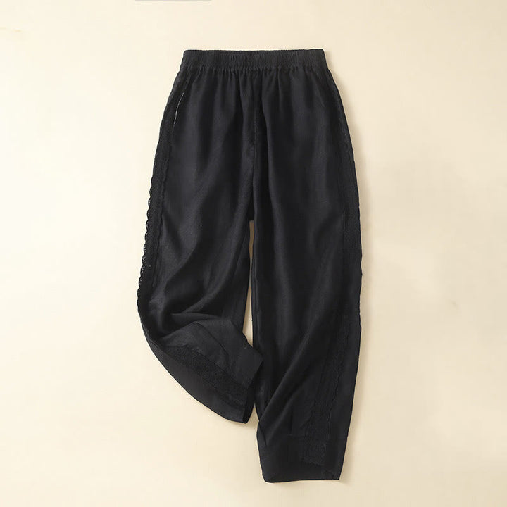 Pantaloni da donna in lino con tasche e ricamo floreale tinta unita Buddha Stones