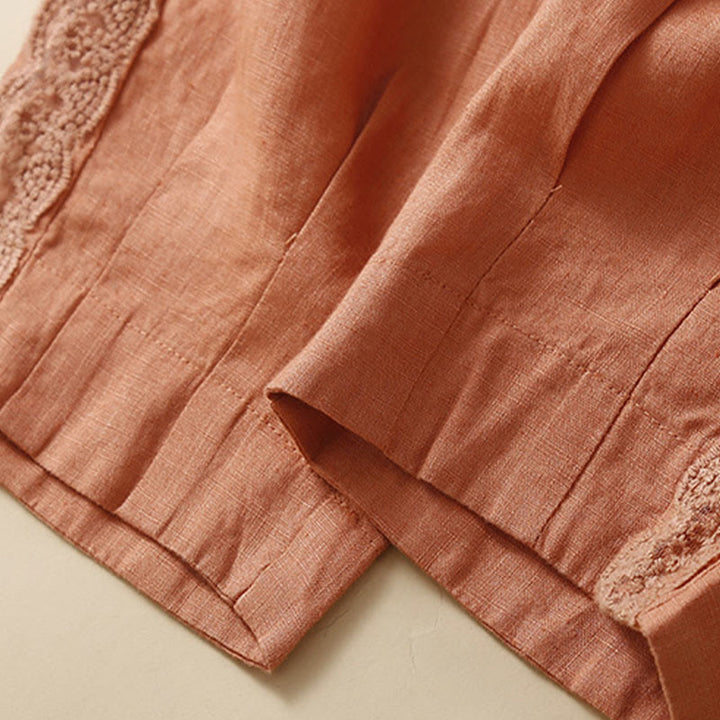 Pantaloni da donna in lino con tasche e ricamo floreale tinta unita Buddha Stones