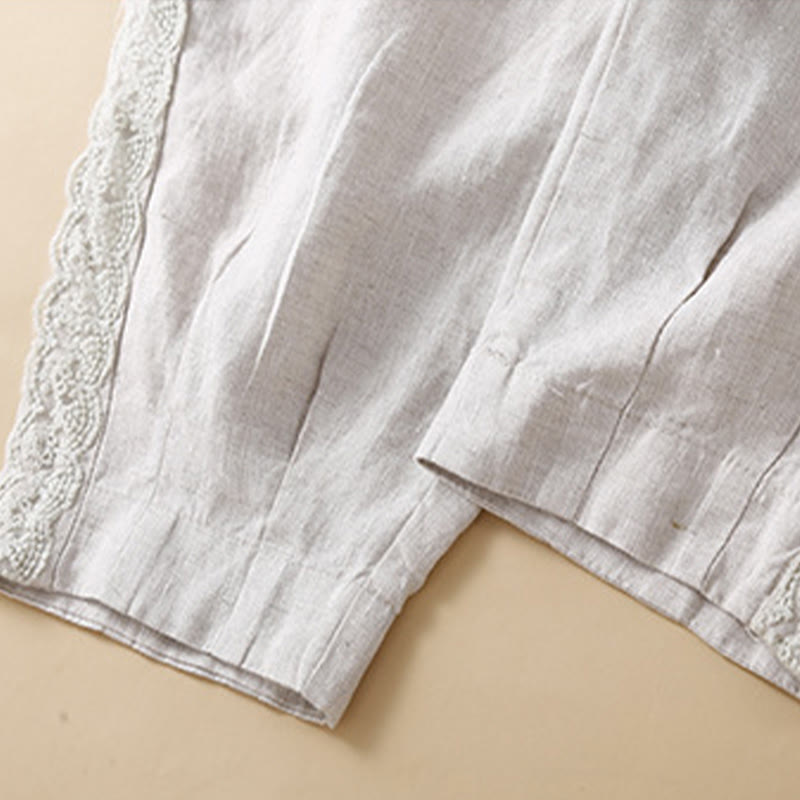 Pantaloni da donna in lino con tasche e ricamo floreale tinta unita Buddha Stones