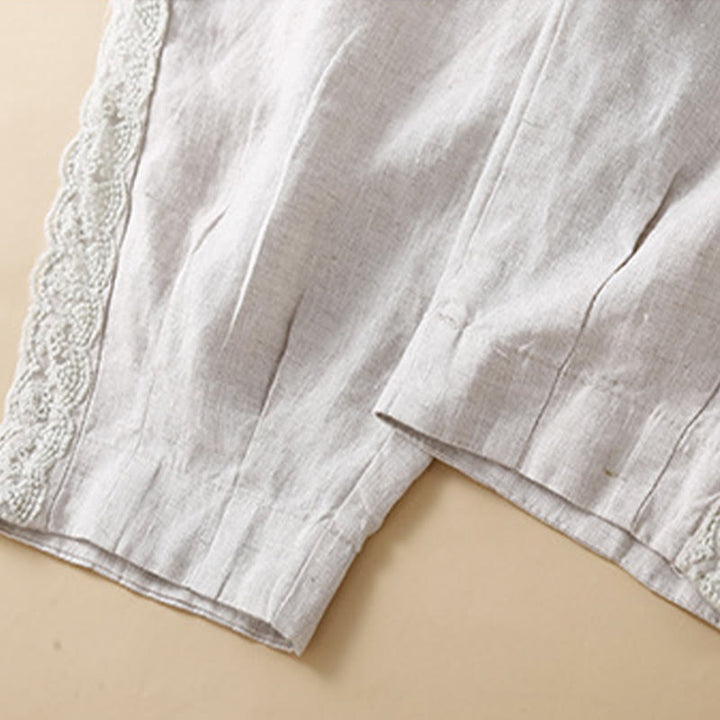 Pantaloni da donna in lino con tasche e ricamo floreale tinta unita Buddha Stones