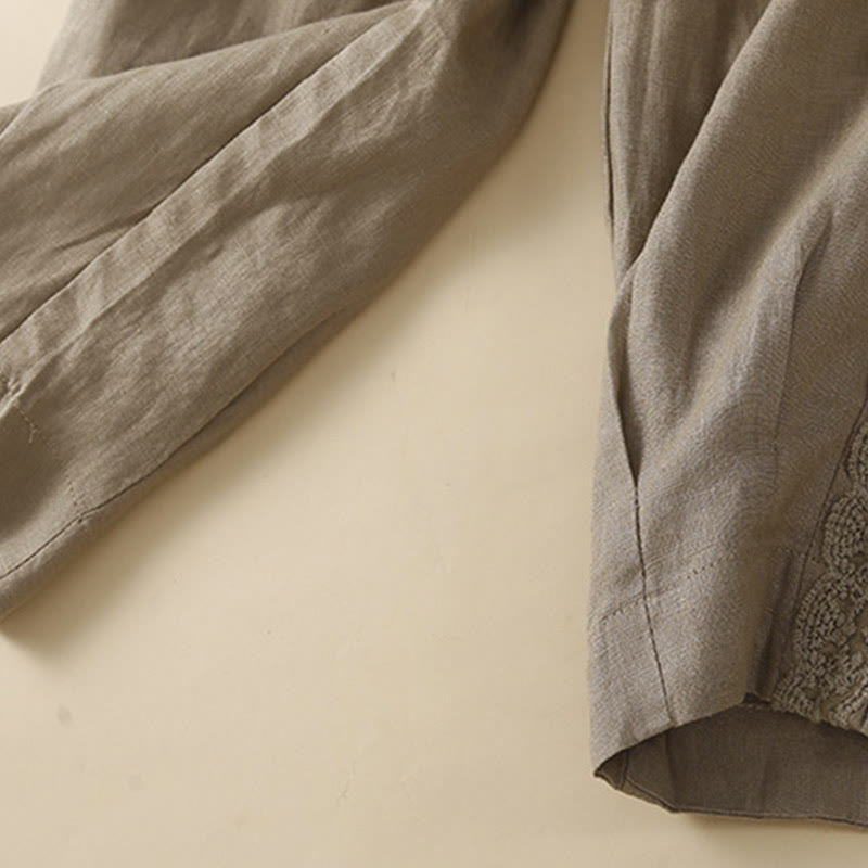 Pantaloni da donna in lino con tasche e ricamo floreale tinta unita Buddha Stones
