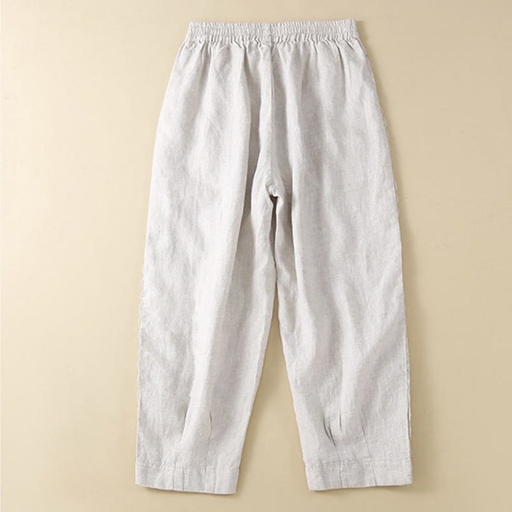 Pantaloni da donna in lino con tasche e ricamo floreale tinta unita Buddha Stones