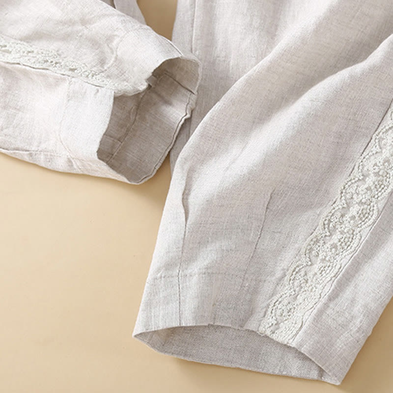 Pantaloni da donna in lino con tasche e ricamo floreale tinta unita Buddha Stones