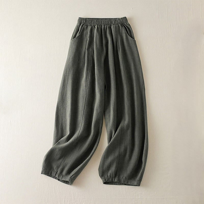 Pantaloni da donna in cotone e lino tinta unita Buddha Stones con tasche - Verde oliva scuro - US8-10, UK/AU12-14, EU40-42 (2XL) - image 0