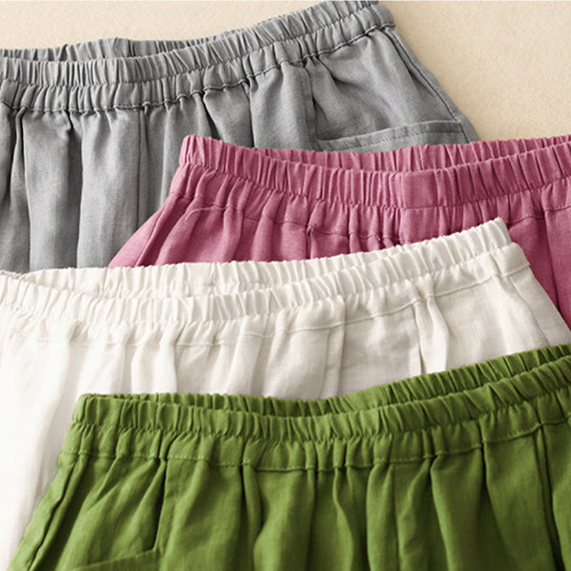 Pantaloni da donna in lino tinta unita casual Buddha Stones con tasche - image 2
