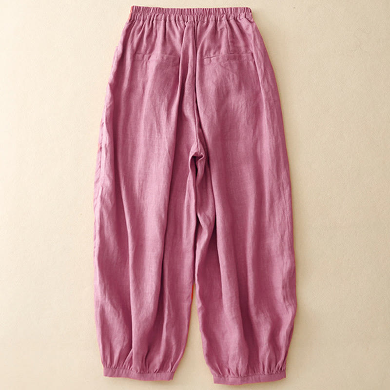 Pantaloni da donna in lino tinta unita casual Buddha Stones con tasche - image 1