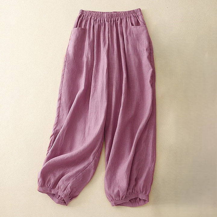 Pantaloni da donna in lino tinta unita casual Buddha Stones con tasche - RossoViolaPale - US8-10, UK/AU12-14, EU40-42 (2XL) - image 0