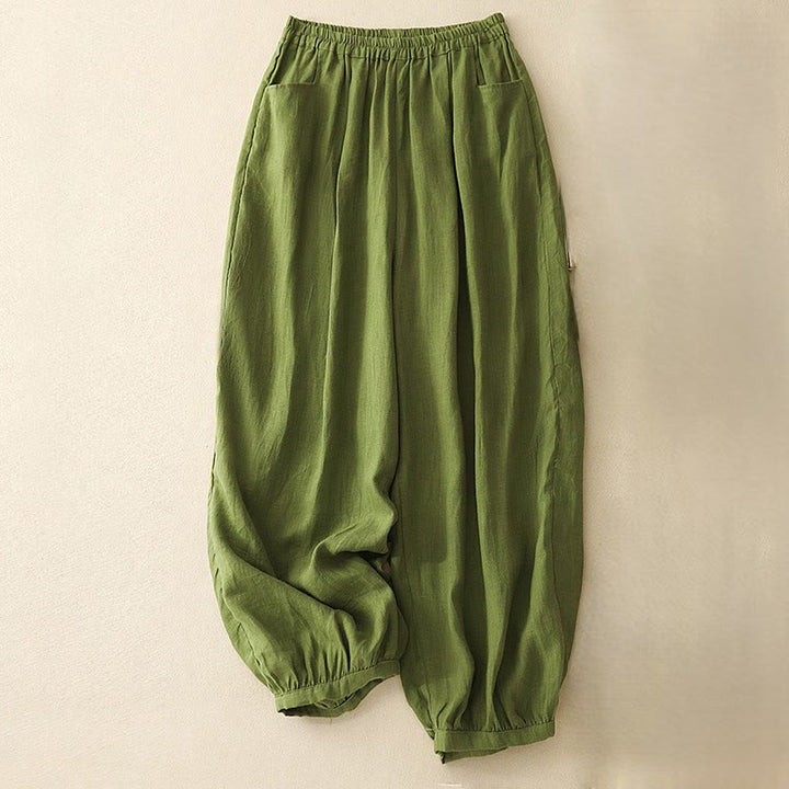 Pantaloni da donna in lino tinta unita casual Buddha Stones con tasche - GialloVerde - US8-10, UK/AU12-14, EU40-42 (2XL) - image 23