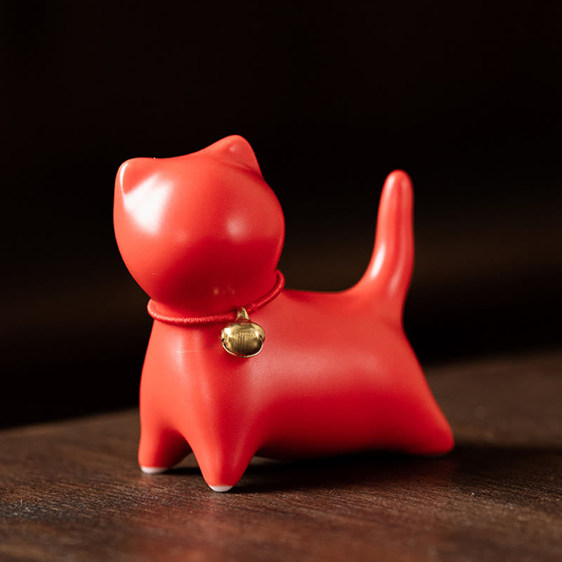 Buddha Stones Mini Carino in Piedi Sdraiato Gatto Tè Animale Domestico Ceramica Casa Scrivania Figurina Decorazione - Gatto in piedi 5*2,5*4,5 cm - Rosso - image 14