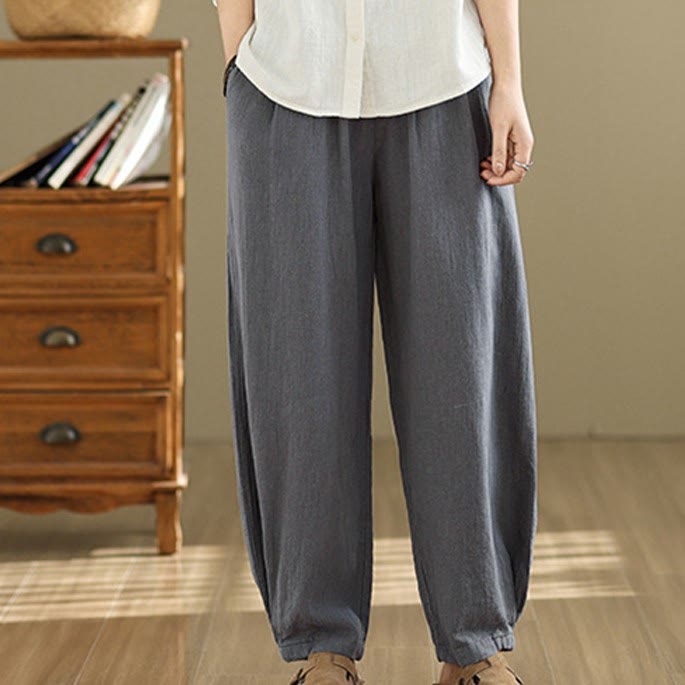 Pantaloni da donna in lino di cotone con tasche, casual, tinta unita, con elastico in vita , Buddha Stones - image 1