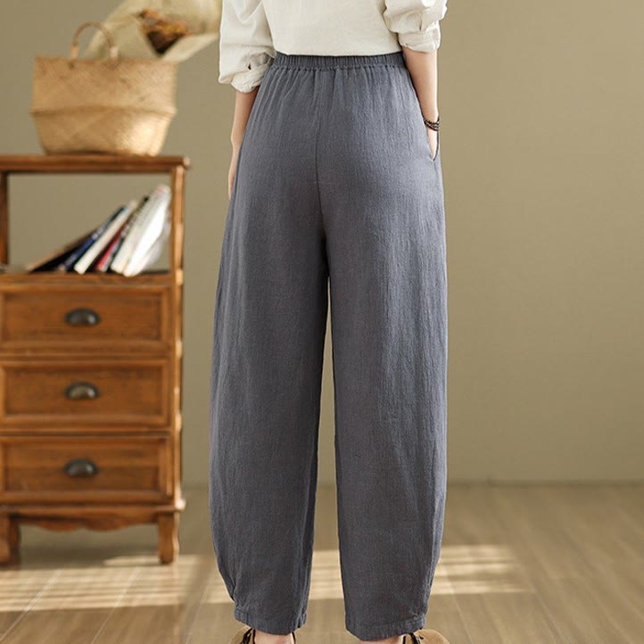 Pantaloni da donna in lino di cotone con tasche, casual, tinta unita, con elastico in vita , Buddha Stones - image 5