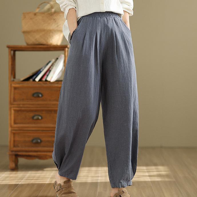 Pantaloni da donna in lino di cotone con tasche, casual, tinta unita, con elastico in vita , Buddha Stones - SteelBlue - US8-10, UK/AU12-14, EU40-42 (2XL) - image 0