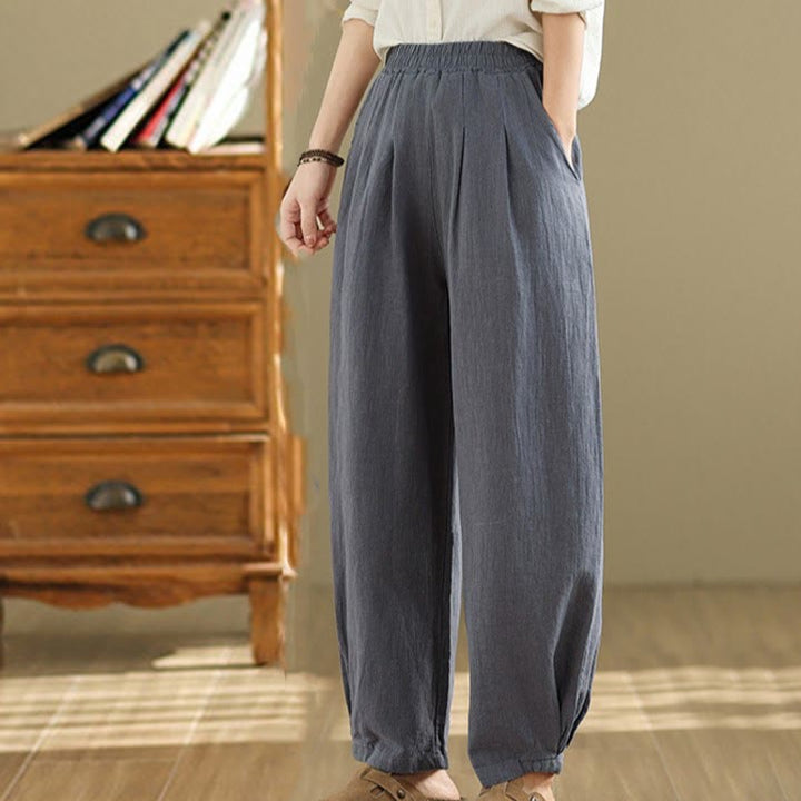 Pantaloni da donna in lino di cotone con tasche, casual, tinta unita, con elastico in vita , Buddha Stones - image 2