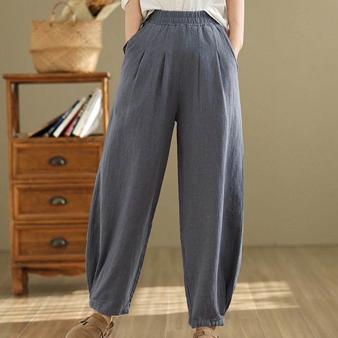 Pantaloni da donna in lino di cotone con tasche, casual, tinta unita, con elastico in vita , Buddha Stones - image 3