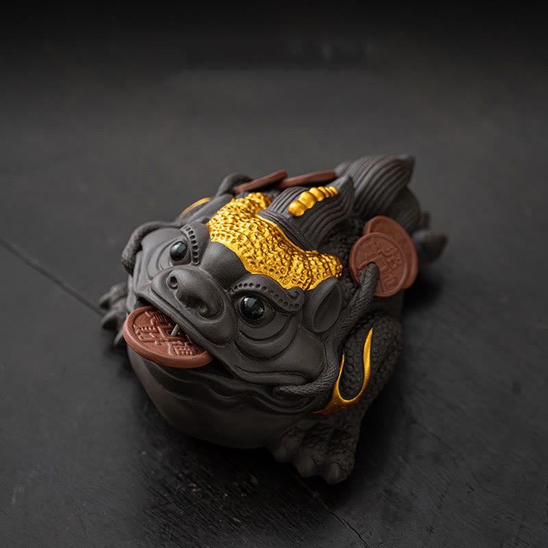 Buddha Stones Feng Shui Rana Rospo Monete di rame Ceramica Argilla viola Ricchezza Casa Tè Animale domestico Figurina Decorazione - Rospo dorato 11*8*6,3 cm - image 1