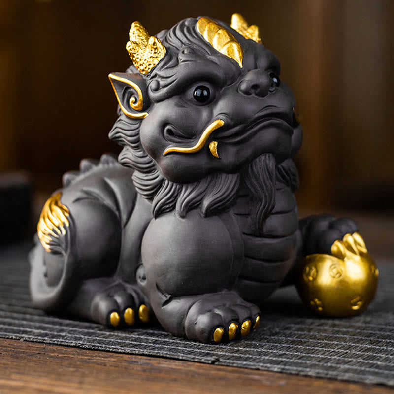 Buddha Stones PiXiu Lingotto Palla Viola Argilla Ceramica Tè Animale Domestico Ricchezza Casa Figurina Decorazione - Pixiu Gold Ball 11,5*7,5*10 cm - image 9