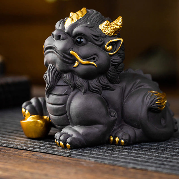 Buddha Stones PiXiu Lingotto Palla Viola Argilla Ceramica Tè Animale Domestico Ricchezza Casa Figurina Decorazione - Lingotto d'oro Pixiu 11,5*7,5*10 cm - image 15