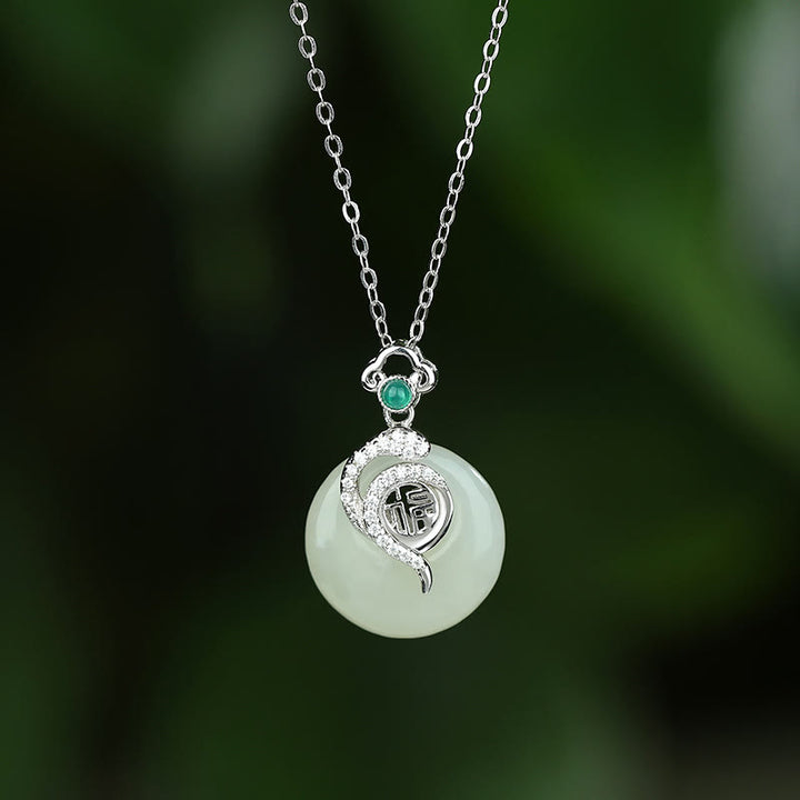 Buddha Stones 925 Sterling Silver Fu Carattere Hetian Giada Fibbia della Pace Anno del Serpente Collana Pendente Fortuna