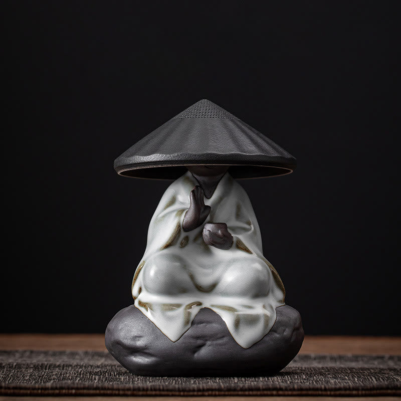 Buddha Stones Piccolo monaco Zen Cappello Colino Accessori da tè in ceramica Figurina Decorazione per la casa - Colino a forma di cappello nero del monaco 9*12,2 cm - image 10