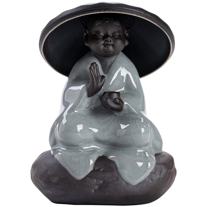 Buddha Stones Piccolo monaco Zen Cappello Colino Accessori da tè in ceramica Figurina Decorazione per la casa
