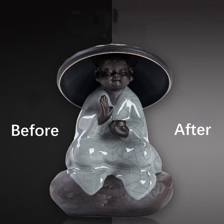 Buddha Stones Piccolo monaco Zen Cappello Colino Accessori da tè in ceramica Figurina Decorazione per la casa
