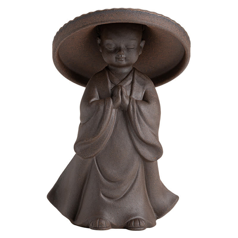 Buddha Stones Piccolo monaco marrone Cappello Colino Ceramica Accessori per il tè Figurina Zen Casa Scrivania Decorazione