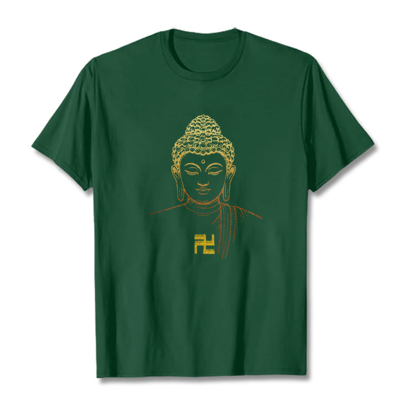 Maglietta in cotone con motivo a svastica con Buddha Stones e Buddha dorato - Verde studentesco - 2XL - image 8