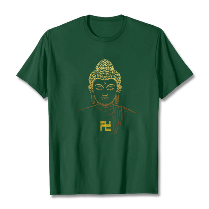 Maglietta in cotone con motivo a svastica con Buddha Stones e Buddha dorato - Verde studentesco - 2XL - image 8