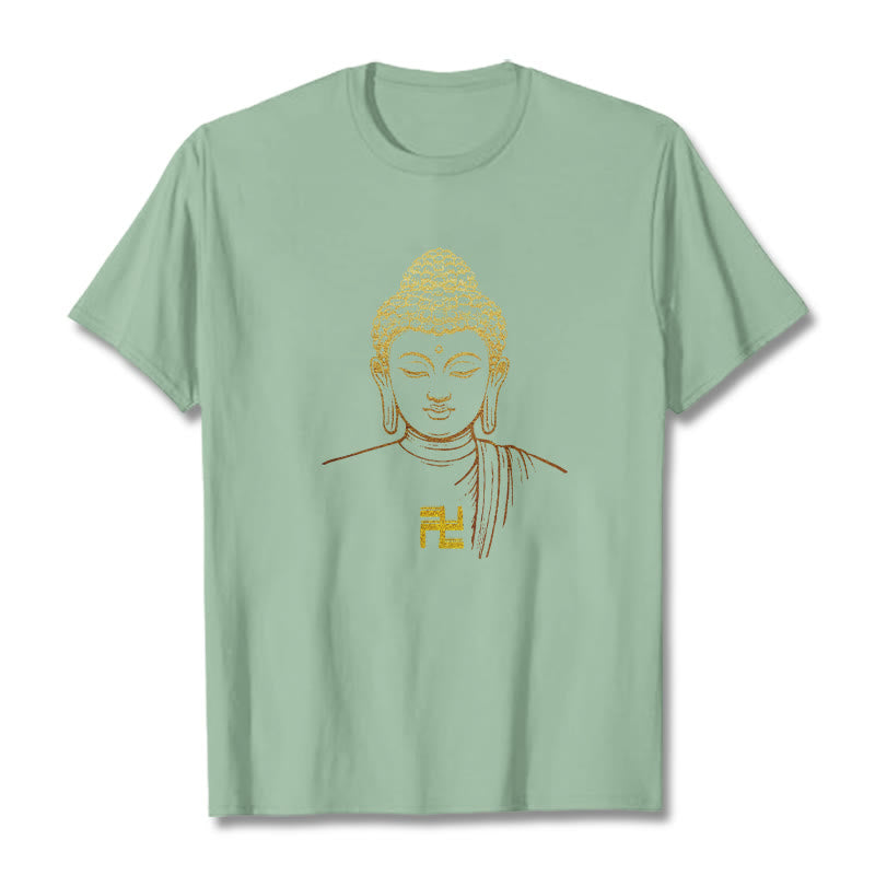 Maglietta in cotone con motivo a svastica con Buddha Stones e Buddha dorato - Verde pallido - 2XL - image 12