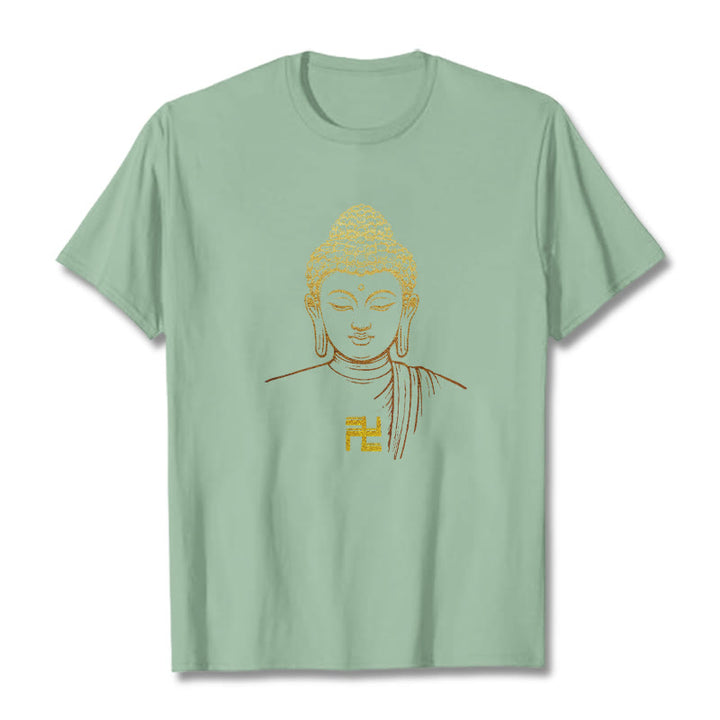 Maglietta in cotone con motivo a svastica con Buddha Stones e Buddha dorato - Verde pallido - 2XL - image 12