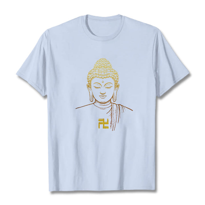 Maglietta in cotone con motivo a svastica con Buddha Stones e Buddha dorato - Ciano chiaro - 2XL - image 16