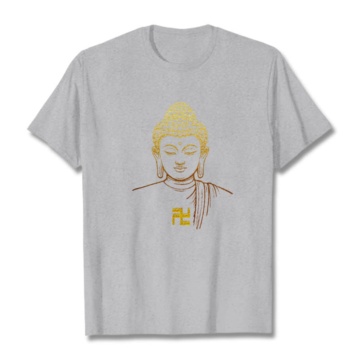 Maglietta in cotone con motivo a svastica con Buddha Stones e Buddha dorato - Grigio chiaro - 2XL - image 17