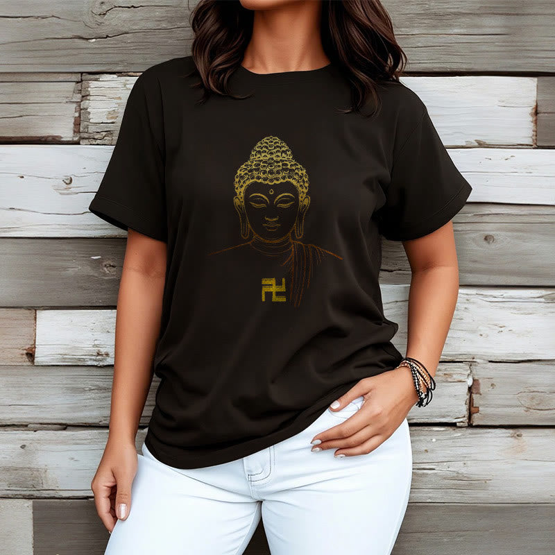 Maglietta in cotone con motivo a svastica con Buddha Stones e Buddha dorato - image 8