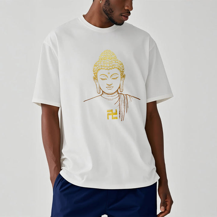 Maglietta in cotone con motivo a svastica con Buddha Stones e Buddha dorato - image 3