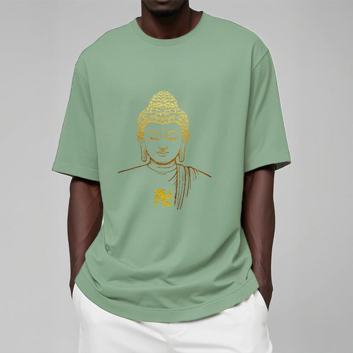 Maglietta in cotone con motivo a svastica con Buddha Stones e Buddha dorato - image 14