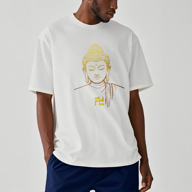 Maglietta in cotone con motivo a svastica con Buddha Stones e Buddha dorato - image 2