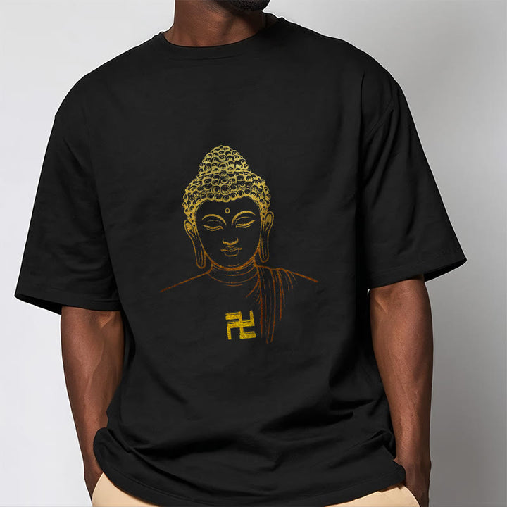 Maglietta in cotone con motivo a svastica con Buddha Stones e Buddha dorato - image 5