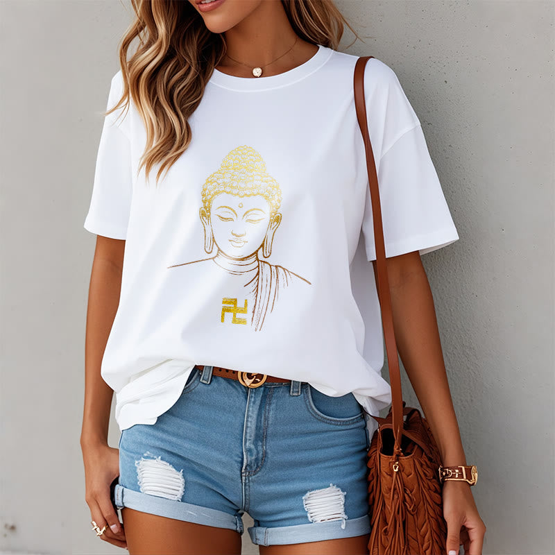 Maglietta in cotone con motivo a svastica con Buddha Stones e Buddha dorato - image 2