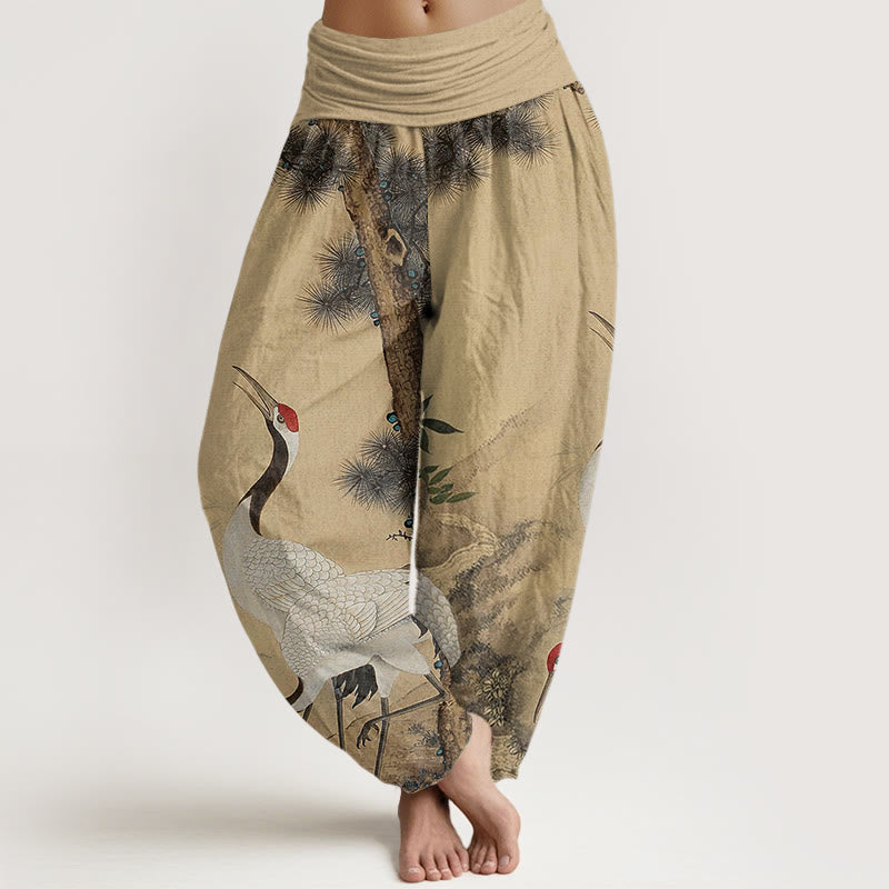 Pantaloni harem elastici in vita da donna, motivo : Buddha Stones, casual, con gru dalla corona rossa, albero di pino, montagna - Grano - US22, UK/AU26, EU54 (6XL) - image 1