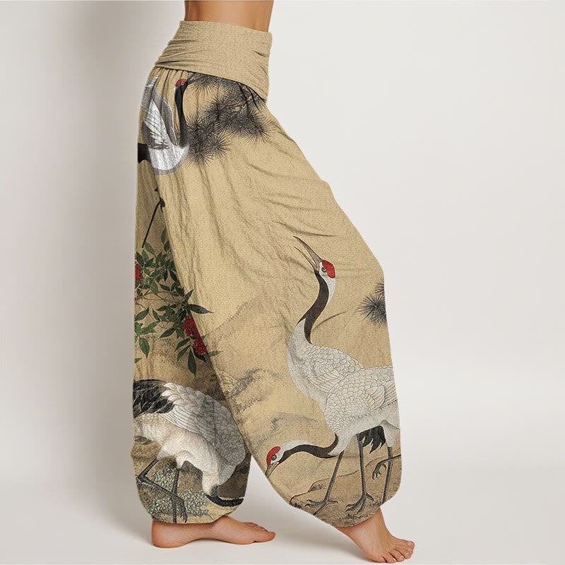 Pantaloni harem elastici in vita da donna, motivo : Buddha Stones, casual, con gru dalla corona rossa, albero di pino, montagna - image 2