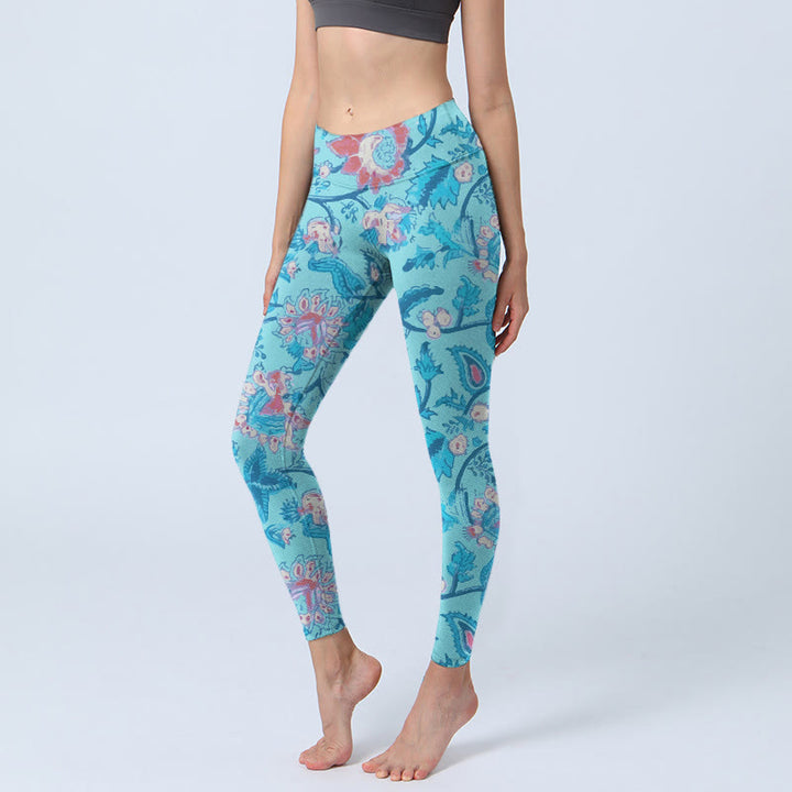 Leggings da palestra con stampa di fiori rossi e blu Buddha Stones, pantaloni da yoga da donna