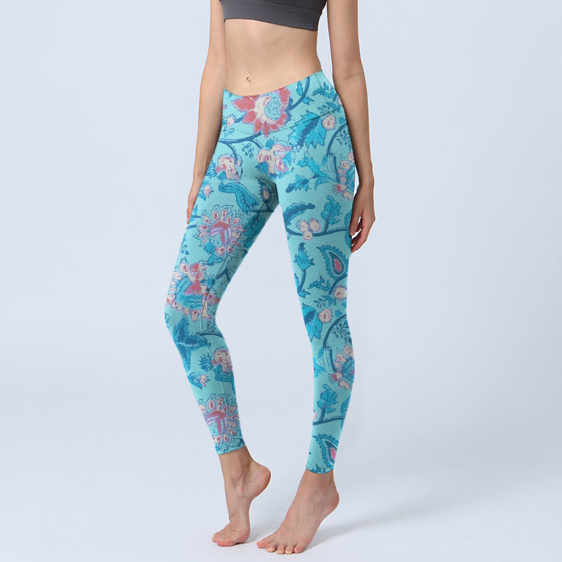 Leggings da palestra con stampa di fiori rossi e blu Buddha Stones, pantaloni da yoga da donna - Cielo blu - US18, UK/AU22, EU50 (4XL) - image 0