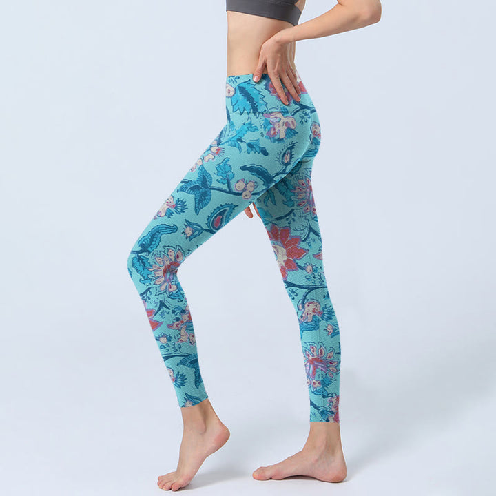 Leggings da palestra con stampa di fiori rossi e blu Buddha Stones, pantaloni da yoga da donna