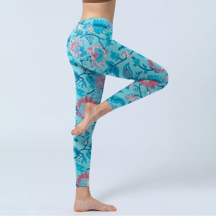 Leggings da palestra con stampa di fiori rossi e blu Buddha Stones, pantaloni da yoga da donna