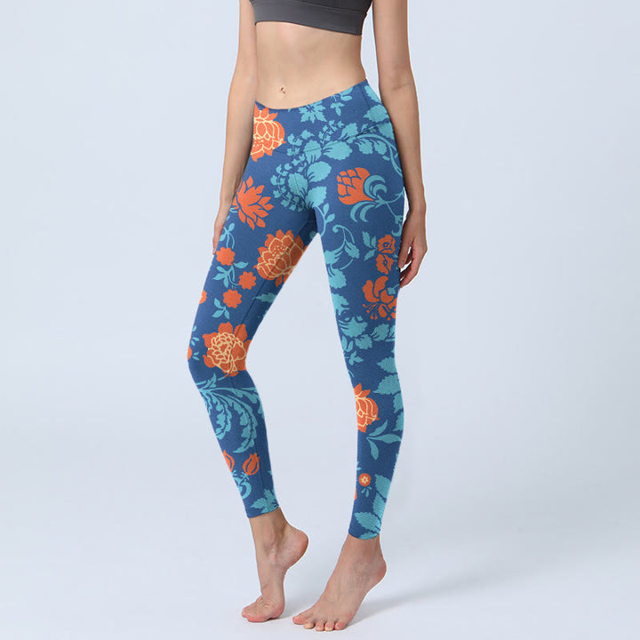Leggings da palestra con stampa Buddha Stones Steel Blue Red Tulips Flowers Leaves Pantaloni da yoga da donna